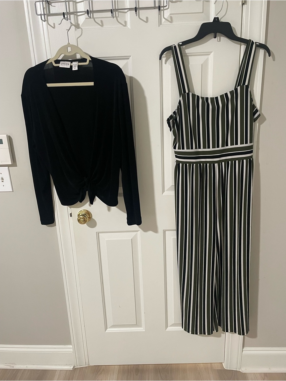 Express large Black green White Striped Wide-Leg Jumpsuit with chicos Cardigan